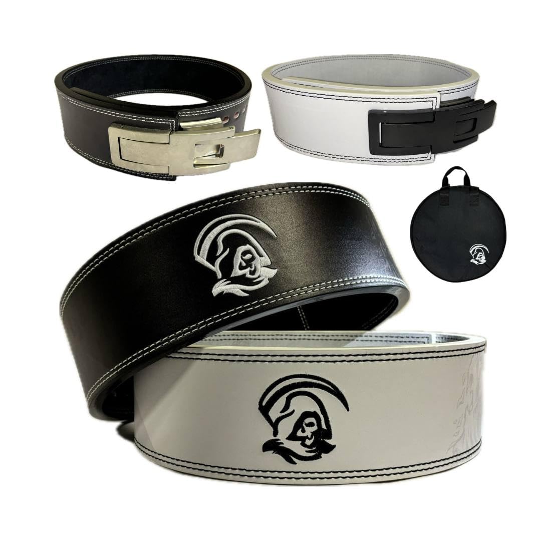 Full Leather Cowhide Lifting Belt, Double Metal Lever Buckle, 10mm & 13mm, 4 inch, (Black, 13MM SMALL)