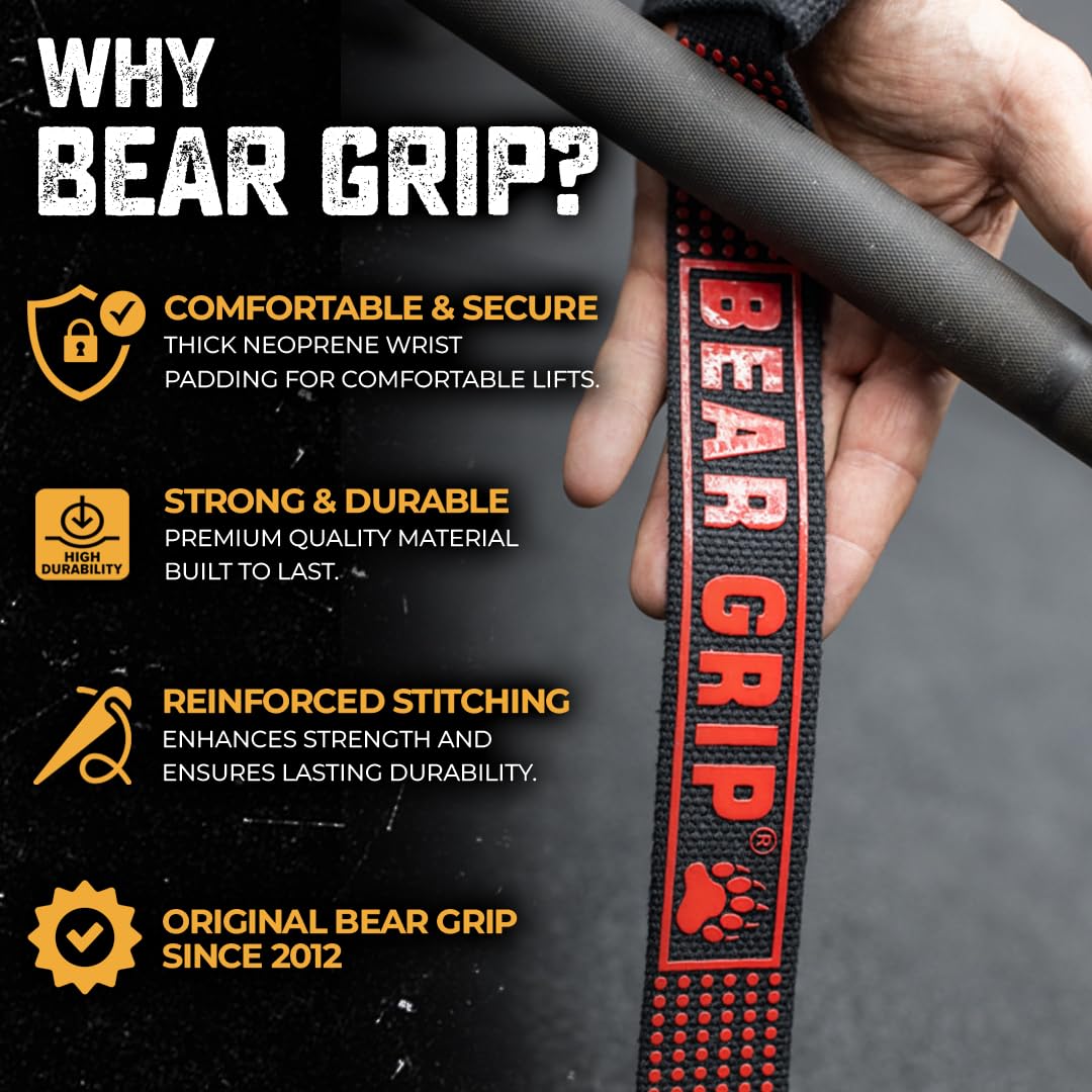 BEAR GRIP Straps - Premium Neoprene Padded Heavy Duty Double Stitched Weight Lifting Gym Straps, Deadlift, Gym Accessories for Men and Women, Advanced Gel Grip, 100% cotton, Extra long length (Black)