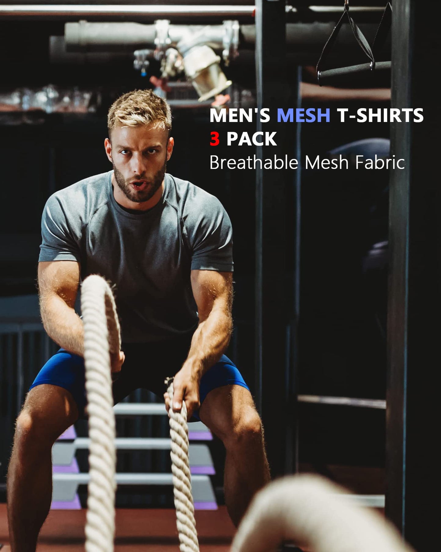 HOPLYNN 3 Pack Running Shirts Men Sport Tops Dry Fit Gym Wicking Athletic T Shirts Breathable Cool Workout Shirts Black Grey Blue S