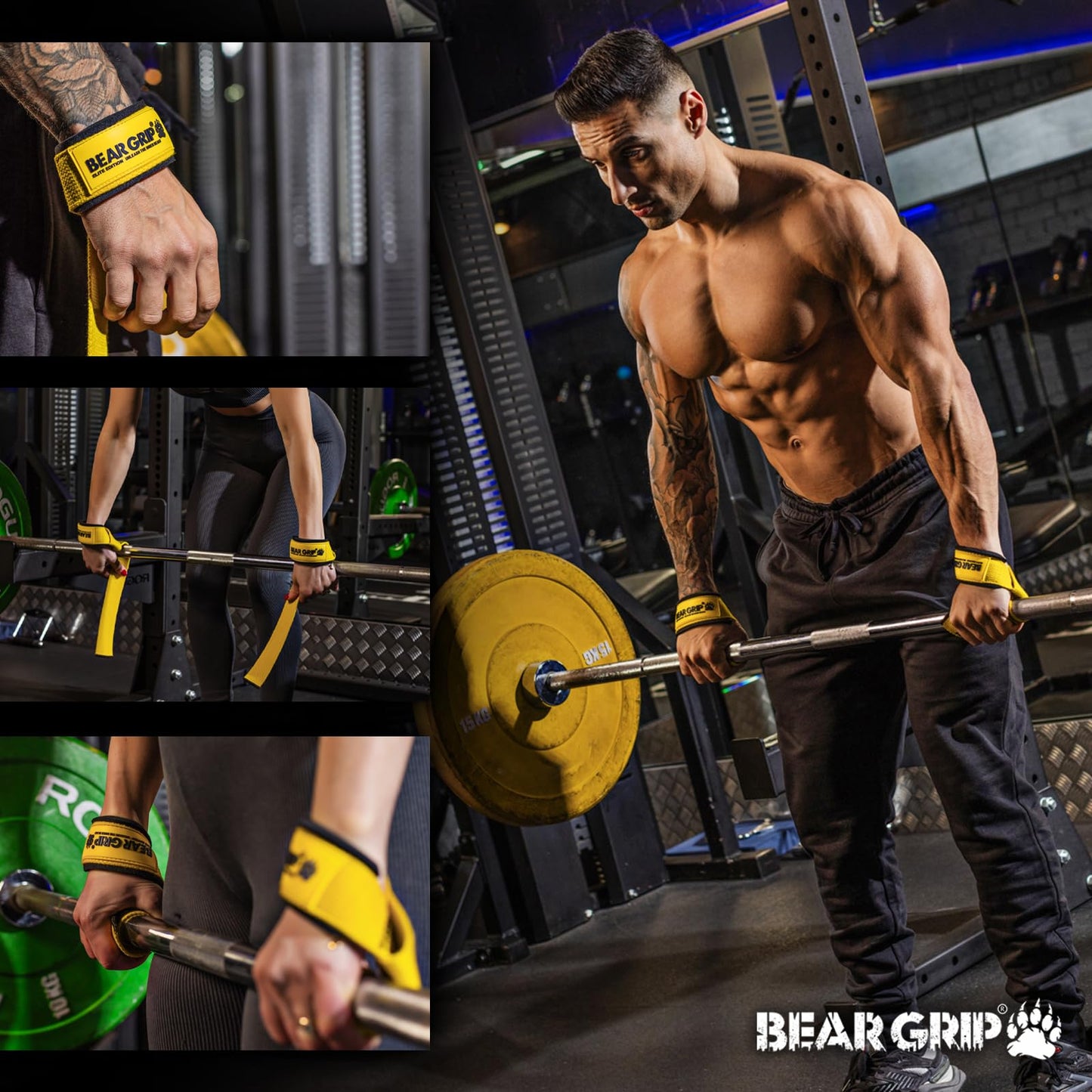 BEAR GRIP Straps - Premium Neoprene Padded Heavy Duty Double Stitched Weight Lifting Gym Straps, Deadlift, Gym Accessories for Men and Women, Advanced Gel Grip, 100% cotton, Extra long length (Black)