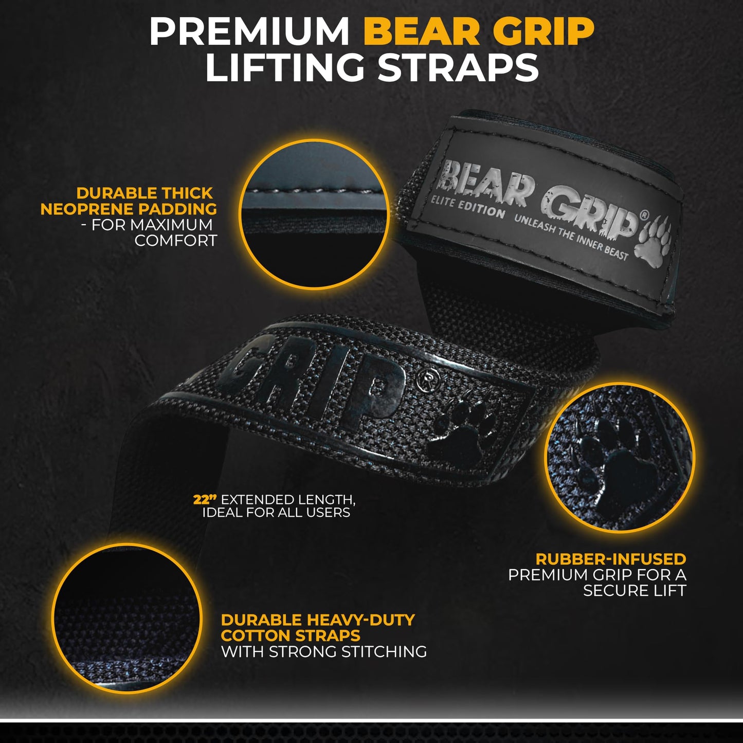 BEAR GRIP Straps - Premium Neoprene Padded Heavy Duty Double Stitched Weight Lifting Gym Straps, Deadlift, Gym Accessories for Men and Women, Advanced Gel Grip, 100% cotton, Extra long length (Black)
