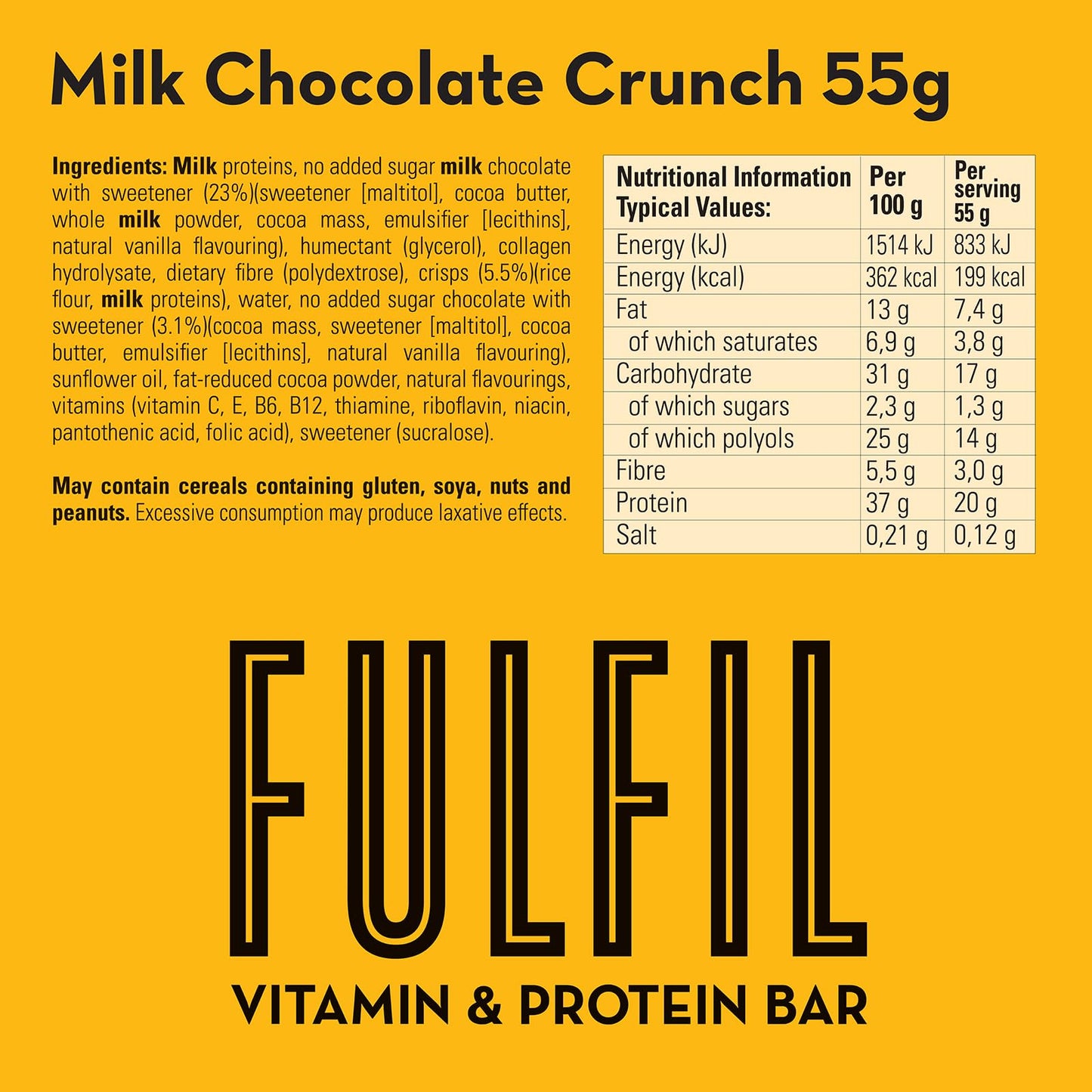FULFIL Vitamin and Protein Bars (15 x 55 g Bars), Milk Chocolate Crunch Flavour, 20 g High Protein, 9 Vitamins, Low Sugar