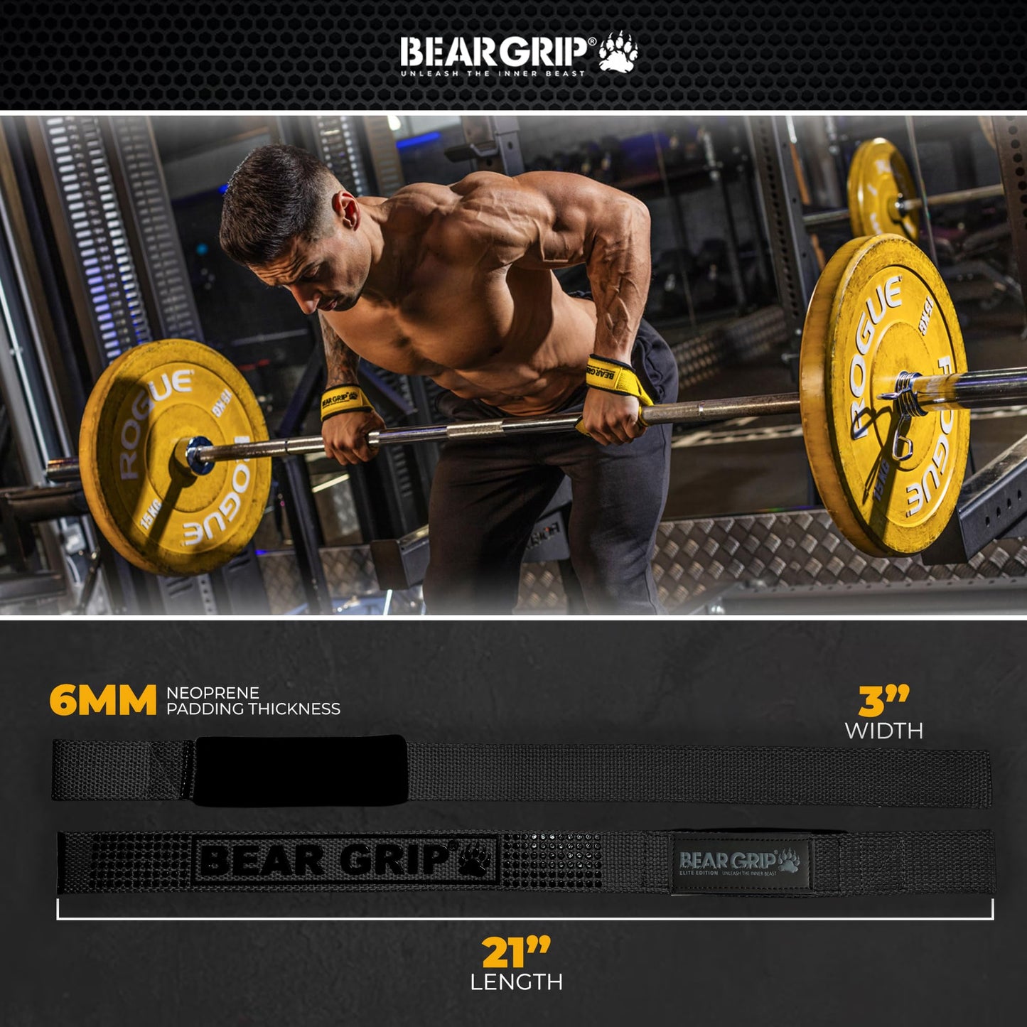 BEAR GRIP Straps - Premium Neoprene Padded Heavy Duty Double Stitched Weight Lifting Gym Straps, Deadlift, Gym Accessories for Men and Women, Advanced Gel Grip, 100% cotton, Extra long length (Black)