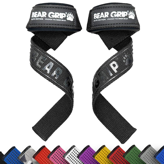 BEAR GRIP Straps - Premium Neoprene Padded Heavy Duty Double Stitched Weight Lifting Gym Straps, Deadlift, Gym Accessories for Men and Women, Advanced Gel Grip, 100% cotton, Extra long length (Black)